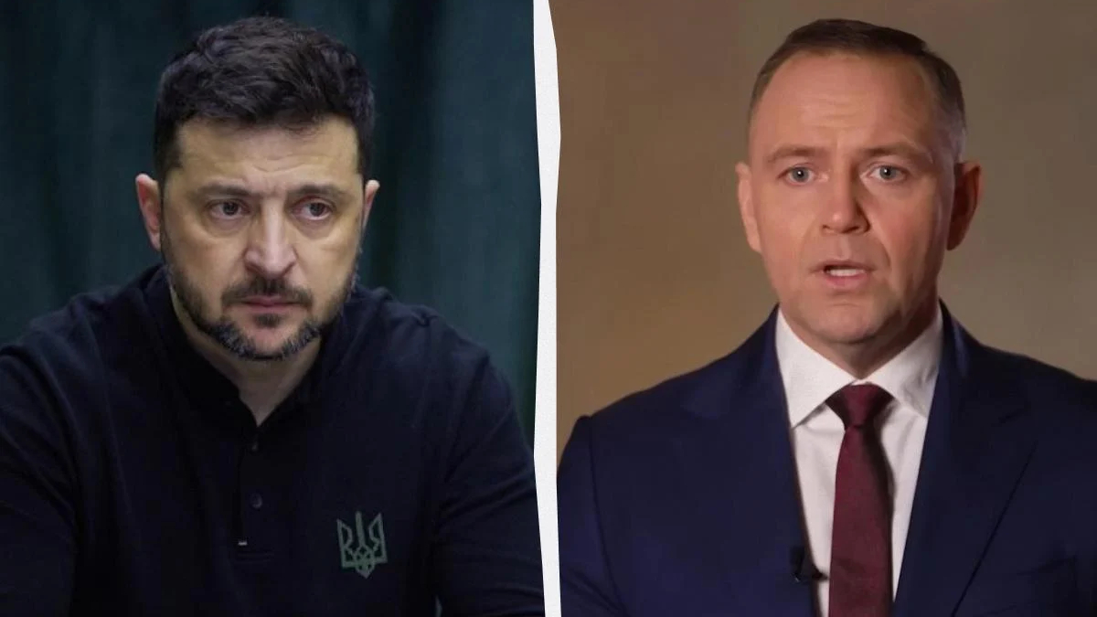 Split-screen of two men: left man in a black polo with a small emblem, right man in a dark suit and burgundy tie.