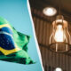 Brazil flag waving on the left with a blue sky, split by a curved divider from a warm pendant light on the right on a dark background.