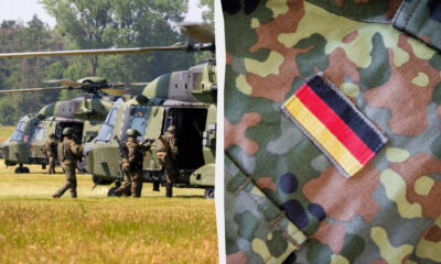 Military helicopters on a grassy airfield with soldiers approaching the open doors to board the aircraft, preparing for deployment, daytime.