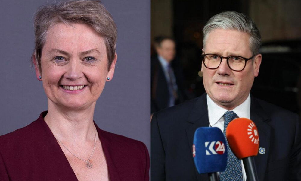 Split image: left a smiling woman in a burgundy blazer; right a man in a suit speaking to reporters with red and blue microphones.