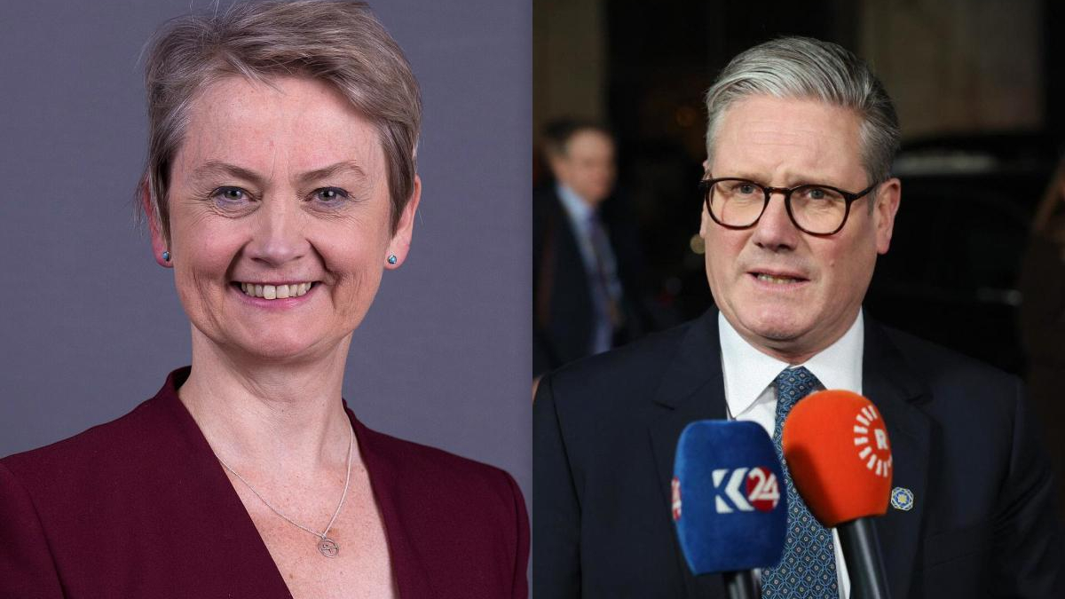 Split image: left a smiling woman in a burgundy blazer; right a man in a suit speaking to reporters with red and blue microphones.