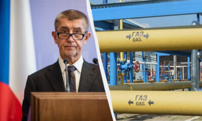 Left: a man in a suit speaking at a podium with a microphone, flag in the background; right: yellow gas pipes at an industrial gas facility labeled GAS (ГАЗ).