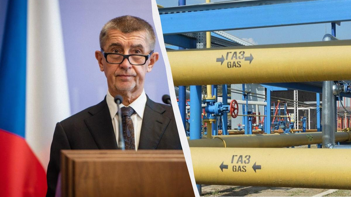 Left: a man in a suit speaking at a podium with a microphone, flag in the background; right: yellow gas pipes at an industrial gas facility labeled GAS (ГАЗ).
