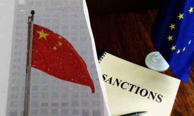 Split image with a Chinese flag on the left and a document labeled SANCTIONS beside a European Union flag on the right.