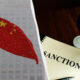 Split image with a Chinese flag on the left and a document labeled SANCTIONS beside a European Union flag on the right.