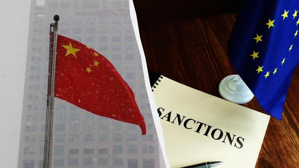 Split image with a Chinese flag on the left and a document labeled SANCTIONS beside a European Union flag on the right.