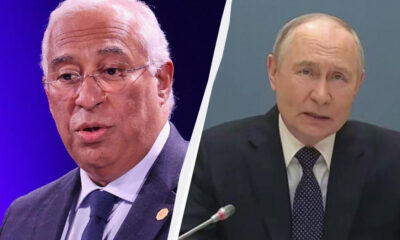 Split-screen image showing two men in suits speaking at formal events, divided by a diagonal white divider.