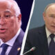 Split-screen image showing two men in suits speaking at formal events, divided by a diagonal white divider.
