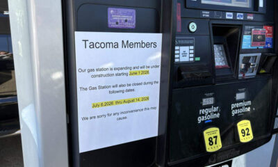 Gas station pump with a posted notice to Tacoma Members about construction starting June 1, 2026 and the closure dates July 6, 2026 through August 14, 2026.