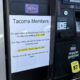 Gas station pump with a posted notice to Tacoma Members about construction starting June 1, 2026 and the closure dates July 6, 2026 through August 14, 2026.
