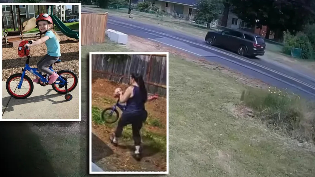 A collage showing a child riding a blue balance bike with a helmet in a park playground, and a separate inset of a woman with a small bike lifting it on a dirt path, against a suburban street background.