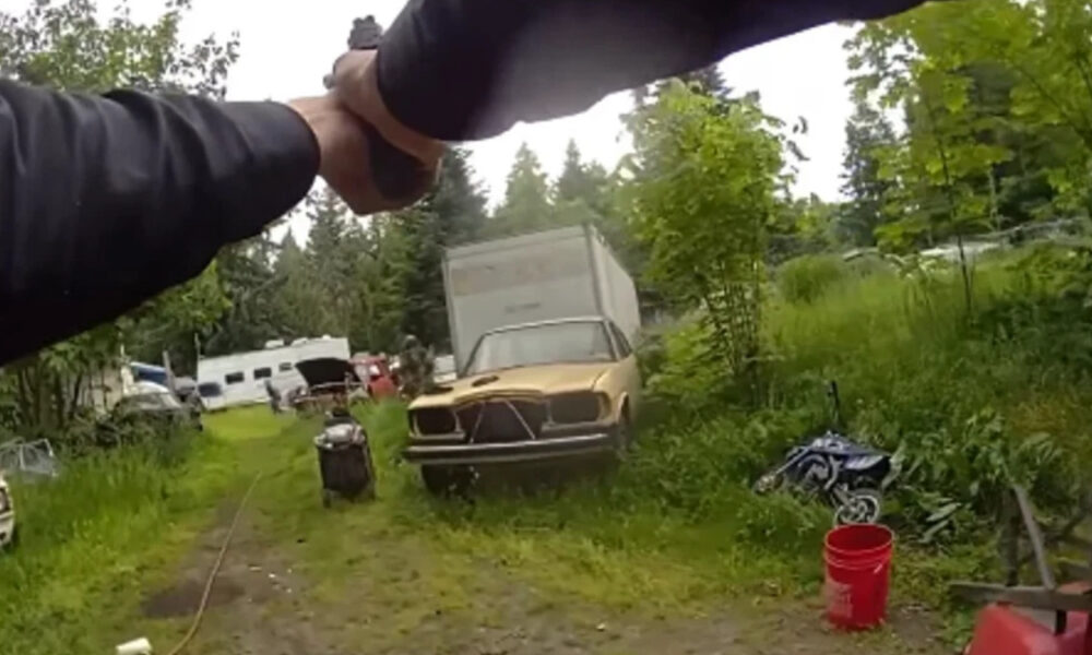 First-person view: two people shaking hands while a pistol is pointed toward the camera in a grassy junkyard with an old yellow car in the background.