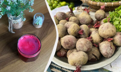 Split image: left side shows a pink beet smoothie on a wooden table with potted plants; right side shows a bowl of fresh beetroots with greens.