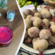 Split image: left side shows a pink beet smoothie on a wooden table with potted plants; right side shows a bowl of fresh beetroots with greens.