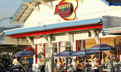 Sunny seaside diner with blue and purple striped umbrellas, outdoor tables, and patrons eating and chatting outside the bright white building.