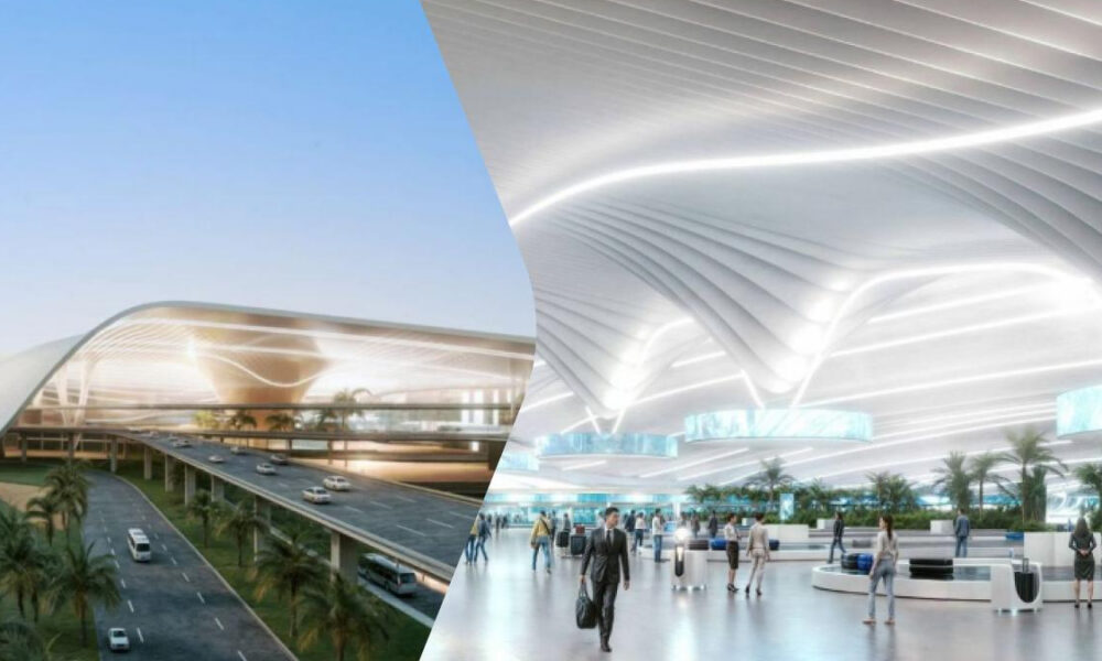 Split-view rendering of a futuristic transit hub: exterior elevated highway on the left and a bright indoor concourse with people on the right, palm trees and sleek lighting.