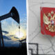Left: oil pumpjack silhouetted at sunset; right: red shield with golden Russian double-headed eagle on a stone wall, with barbed wire shadows