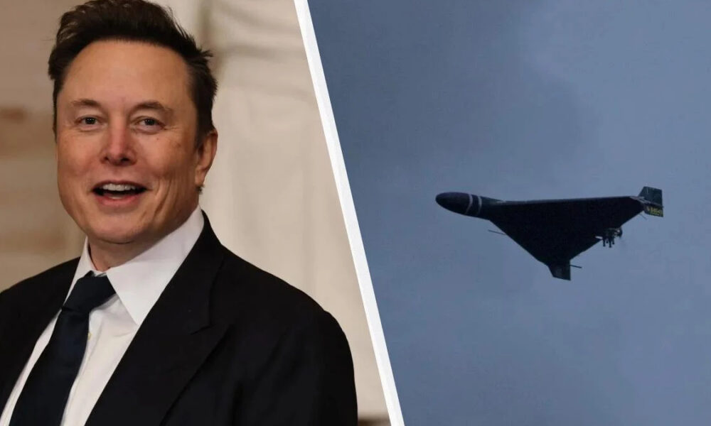 Split image: a man in a suit on the left and a dark, delta-shaped rocket aircraft in flight on the right against a blue sky.