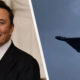 Split image: a man in a suit on the left and a dark, delta-shaped rocket aircraft in flight on the right against a blue sky.