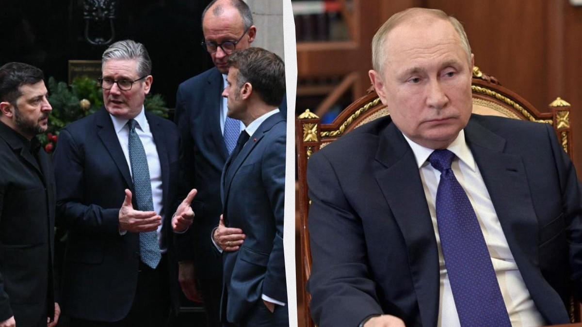 Split image: four men in suits conversing outside on the left, and Vladimir Putin seated in an ornate chair on the right.