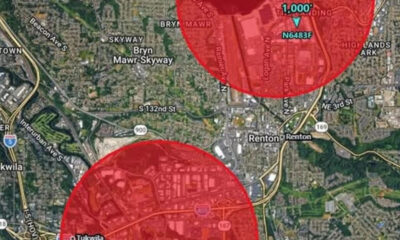 Map showing red circular hazard zones over Renton and Tukwila areas with major highways I-405 and I-5 nearby.