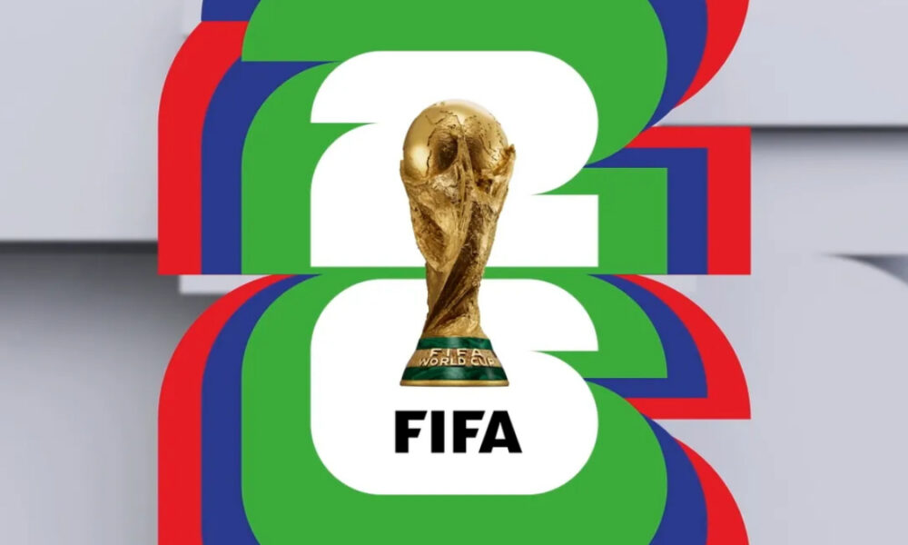 Golden FIFA World Cup trophy centered over bold overlapping numbers forming '2023' in green, blue, and red. The design conveys the FIFA World Cup celebration theme for 2023 far from a literal scene.