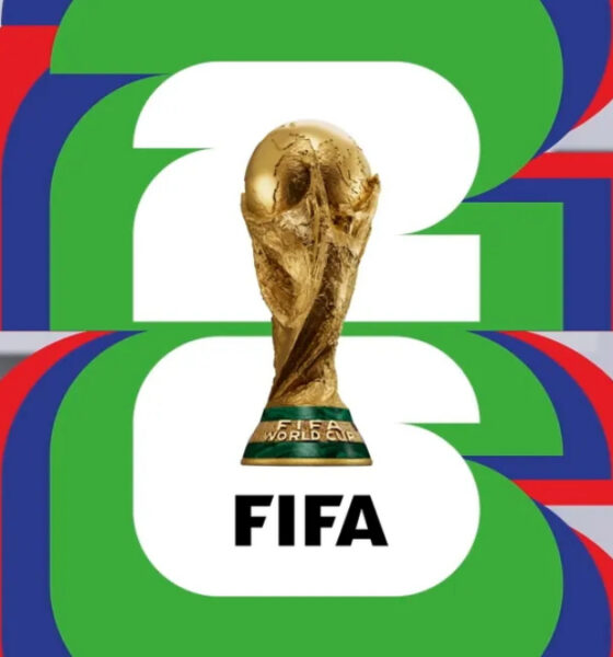 Golden FIFA World Cup trophy centered over bold overlapping numbers forming '2023' in green, blue, and red. The design conveys the FIFA World Cup celebration theme for 2023 far from a literal scene.