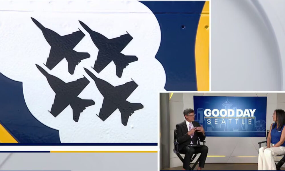 Collage: left panel shows a mural with four black birds in a white cloud on blue and yellow background; bottom-right shows a 'Good Day Seattle' interview setup with two people.