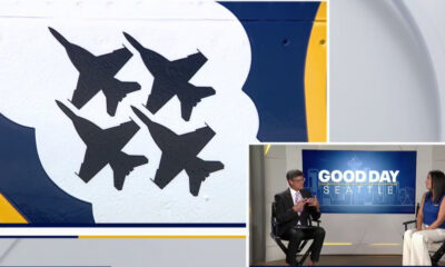 Collage: left panel shows a mural with four black birds in a white cloud on blue and yellow background; bottom-right shows a 'Good Day Seattle' interview setup with two people.