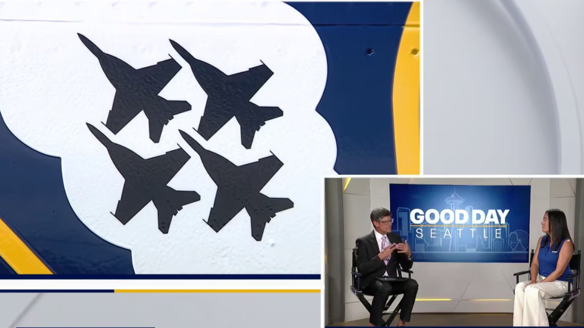 Collage: left panel shows a mural with four black birds in a white cloud on blue and yellow background; bottom-right shows a 'Good Day Seattle' interview setup with two people.