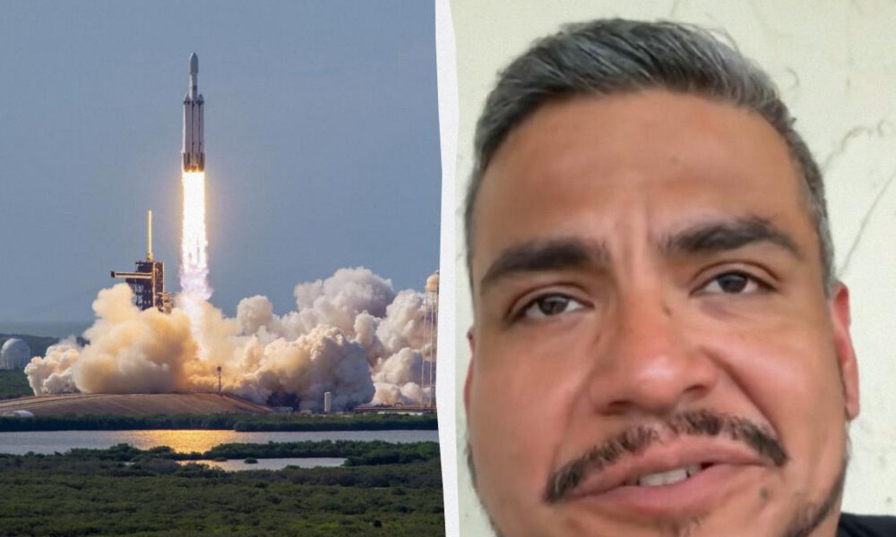 Split image showing a rocket launch on the left and a man's close-up portrait on the right.