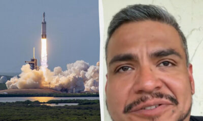 Split image showing a rocket launch on the left and a man's close-up portrait on the right.
