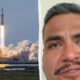Split image showing a rocket launch on the left and a man's close-up portrait on the right.