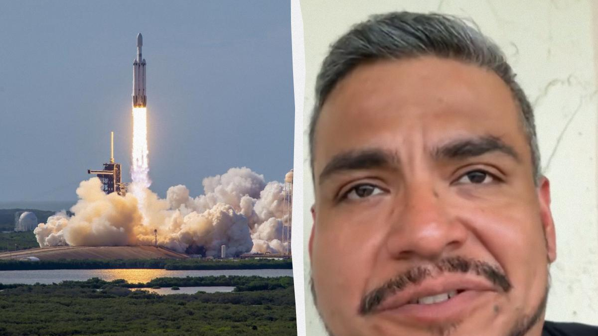 Split image showing a rocket launch on the left and a man's close-up portrait on the right.