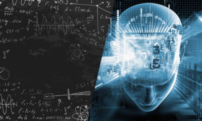 Split image: left side chalkboard with physics equations, right side a blue digital brain made of numbers and circuitry in a tech grid.
