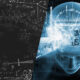 Split image: left side chalkboard with physics equations, right side a blue digital brain made of numbers and circuitry in a tech grid.