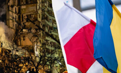 Collage showing a destroyed city on the left and Polish and Ukrainian flags waving on the right.