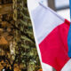 Collage showing a destroyed city on the left and Polish and Ukrainian flags waving on the right.