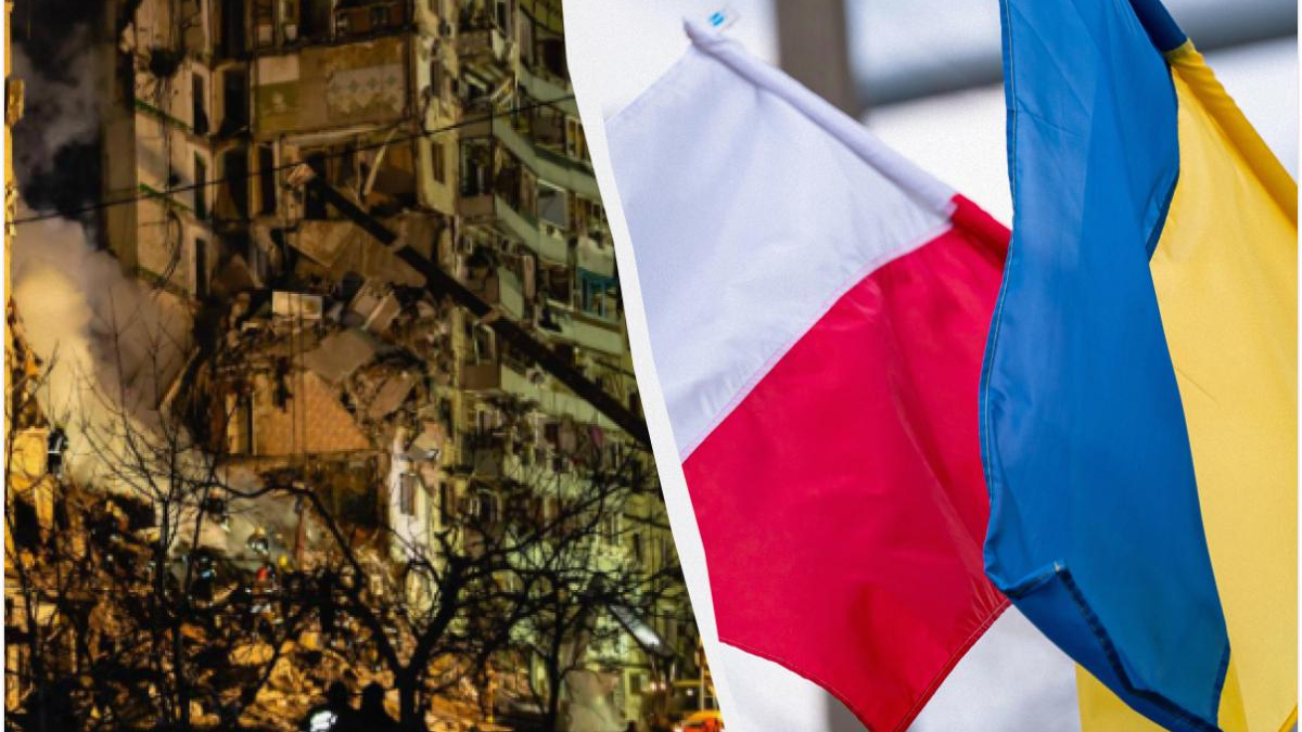 Collage showing a destroyed city on the left and Polish and Ukrainian flags waving on the right.