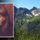 Portrait of a woman with long brown hair, framed in a white border, over a mountainous landscape background with green trees and snow-capped peaks