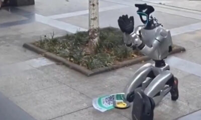 Silver humanoid robot statue on a sidewalk beside a small tree, waving with a gloved hand; a flyer and a backpack lie nearby.