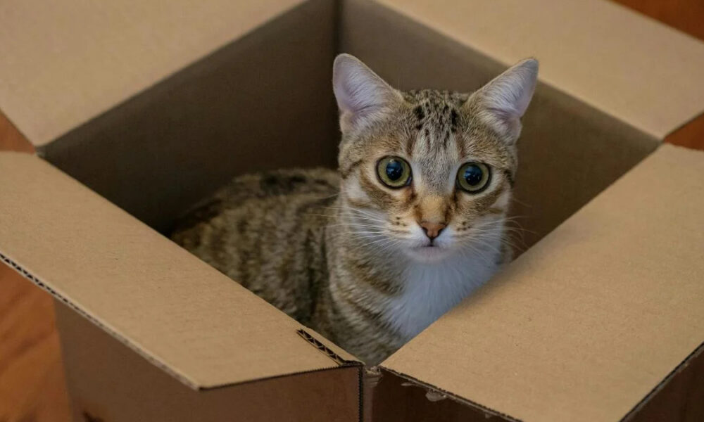 Cat in an open cardboard box, looking up at the camera with wide eyes on a wooden floor.