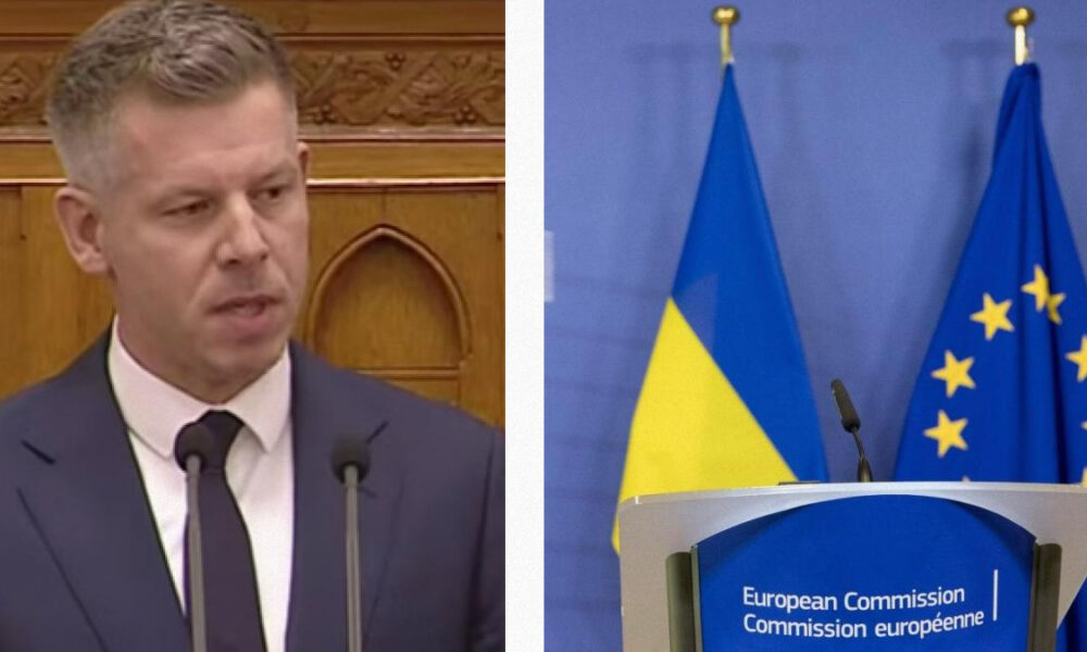 Left: Man in a dark suit and white shirt speaks into two microphones in a wood-paneled room, looking to his left. Right: Blue European Commission lectern with two flags (Ukraine and EU) in the background.