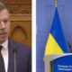 Left: Man in a dark suit and white shirt speaks into two microphones in a wood-paneled room, looking to his left. Right: Blue European Commission lectern with two flags (Ukraine and EU) in the background.