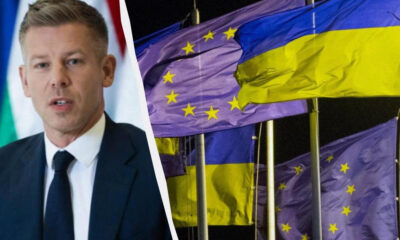 Speaker in a dark suit and tie addressing an audience, with Ukrainian and European Union flags in the background split diagonally by a white seam.