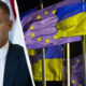 Speaker in a dark suit and tie addressing an audience, with Ukrainian and European Union flags in the background split diagonally by a white seam.