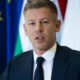 Man in a dark suit and tie speaks at a podium, with a European flag and other flags behind him.
