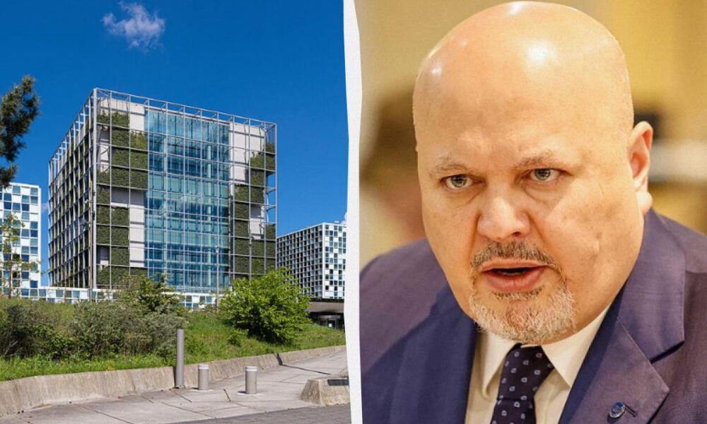 Split image: a modern glass office campus with blue sky on the left, and a close-up of a bald man in a suit on the right.