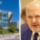 Split image: a modern glass office campus with blue sky on the left, and a close-up of a bald man in a suit on the right.