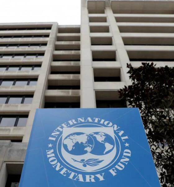 Tall concrete office building with a blue International Monetary Fund banner in the foreground, featuring the IMF globe logo and text.